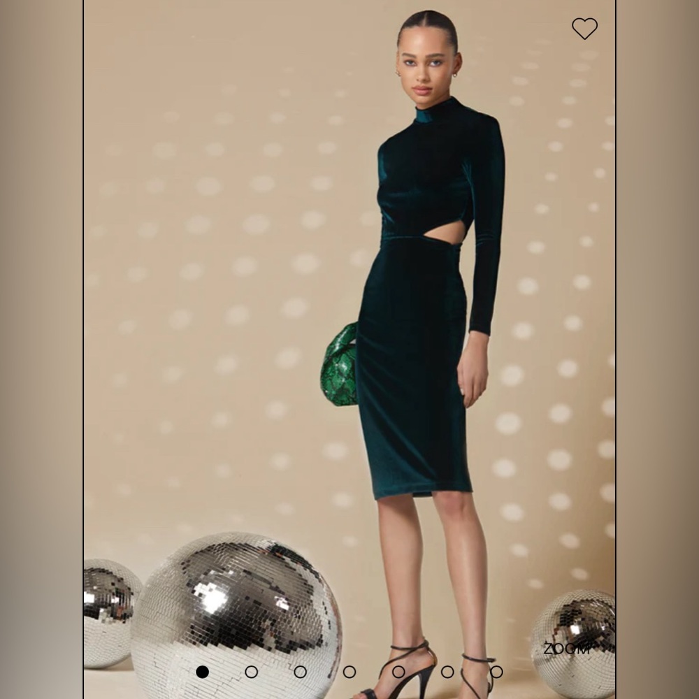 French Connection NWOT emerald green velvet cut out midi dress with long sleeves